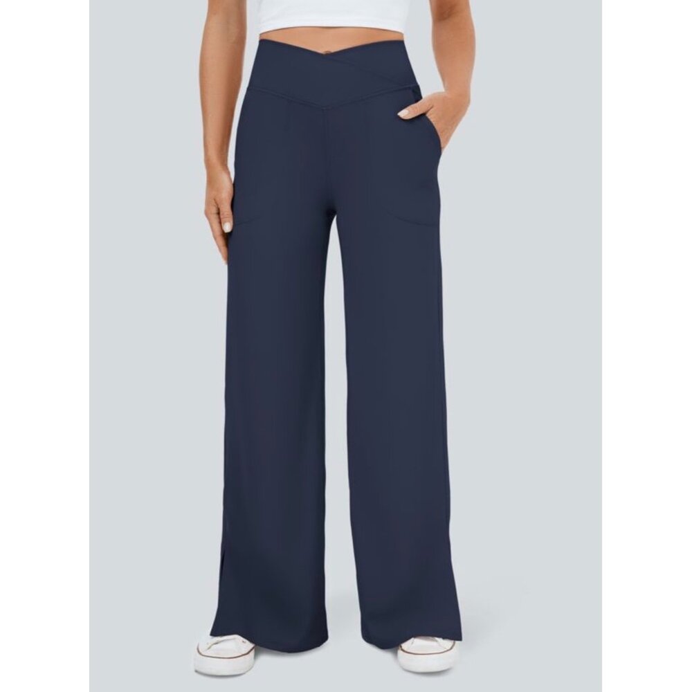 Halara Halotek Crossover Pocket Hem Wide Slit Leg Yoga Pants Sz Small Womens Nav